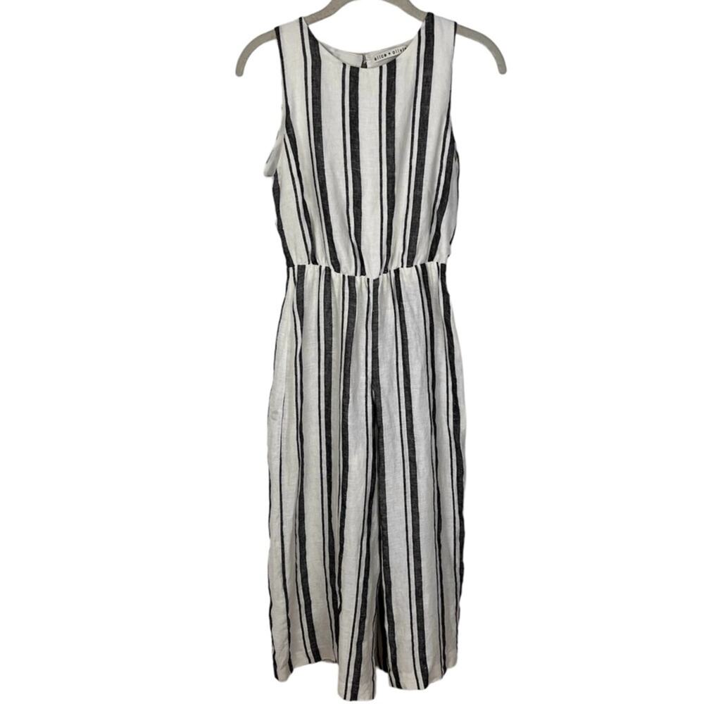 Alice + Olivia Franny Linen Gaucho Striped Jumpsuit 0 XS Belted European Summer - Picture 2 of 9